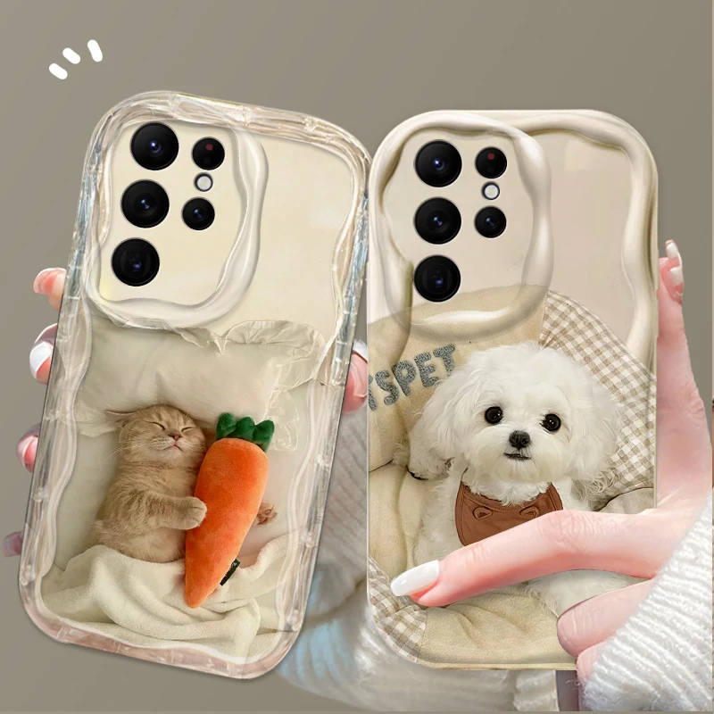 Krásny puzdro na 3D vlny pre mačku pre Samsung Galaxy S24 Ultra S23 S22 Plus S21 S20 Fe A25 A55 A35 A15 A16 A05 A05S A06 Silikónový kapa