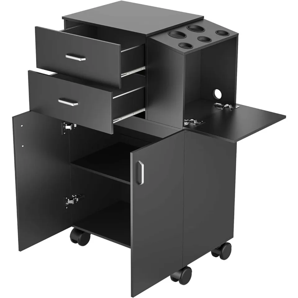 Krásny salón vozík s kolesami, 2 zásuvná salónová stanica Rolling CART W/5 Držičky sušiča na vlasy a 1 veľká skrinka