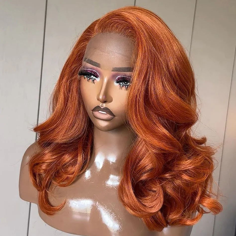 Krátka bobová parochňa ľudské vlasy zázvorové oranžové čipky predné parochne ľudské vlasy 180% hustota 13x4 Body Wave HD Lace Lace Frontal Ginger Remy Hair