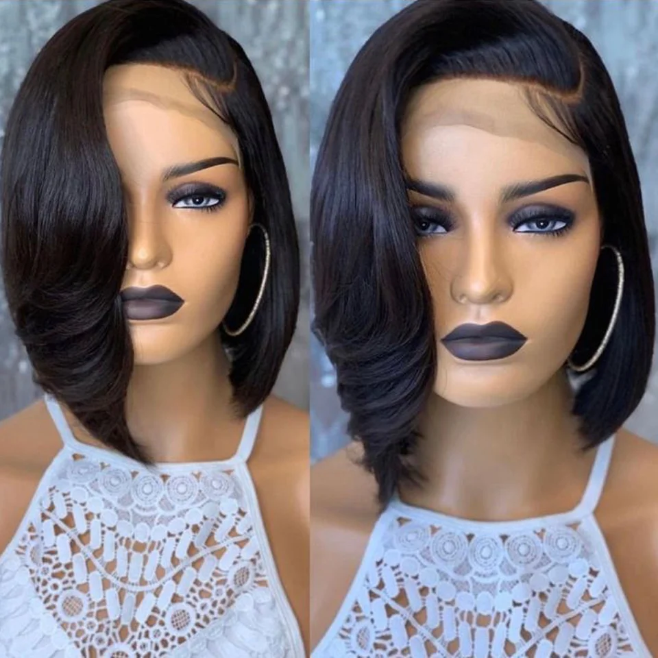 Krátka bobová čipka predná priama parochňa 13x1 t časť pixie bob čipky ľudské vlasové parochne pre ženy vopred vytrhnuté brazílske remy čipky predné parochne