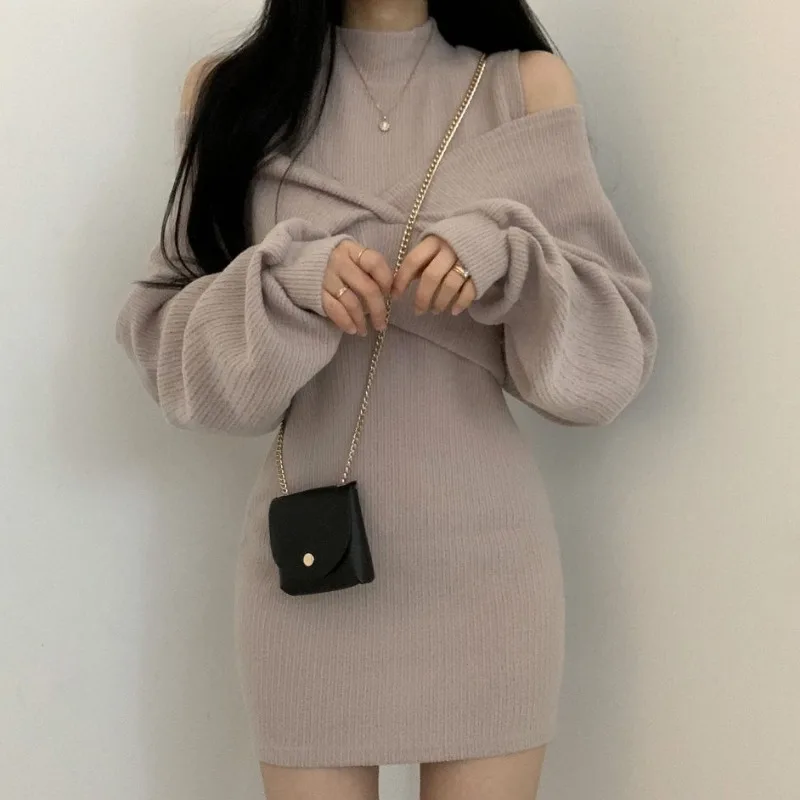 Krátka pletená vesta Turtleneck šaty plodina s dlhým rukávom z ramenného sveter Top Dva kusy Vestidos Mujer 2025 oblečenie Ženy