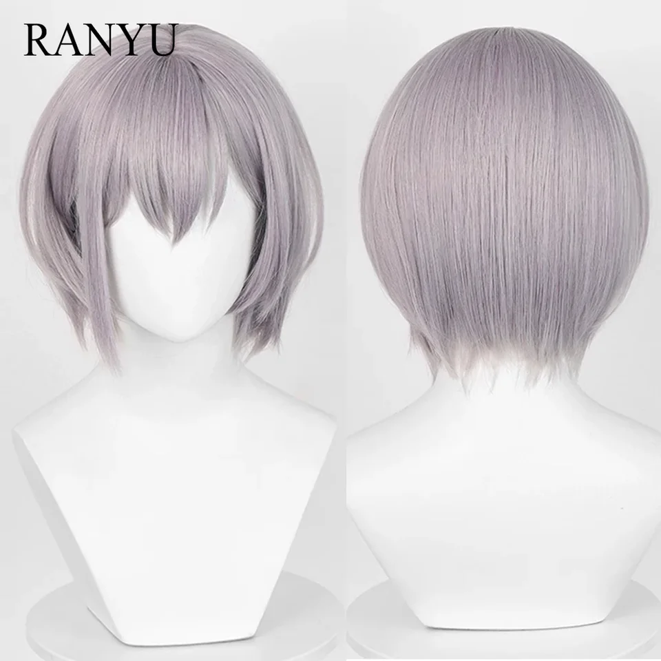 Krátka rovná šedá fialová syntetická parochňa s treskami Fluffy Anime Game Cosplay Heat odolná parochňa pre dennú párty