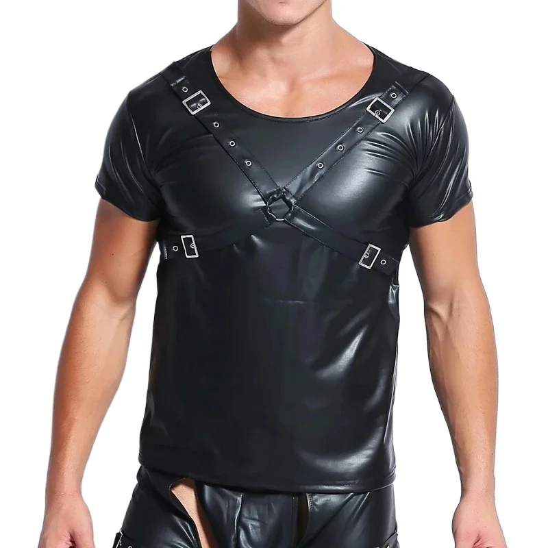 Krátke rukávy patentované kožené vrcholy Men Slim Fit Windproof Top Motocykle bunda Mužské tričká Jeseň Sexi Tee Party Oblečenie