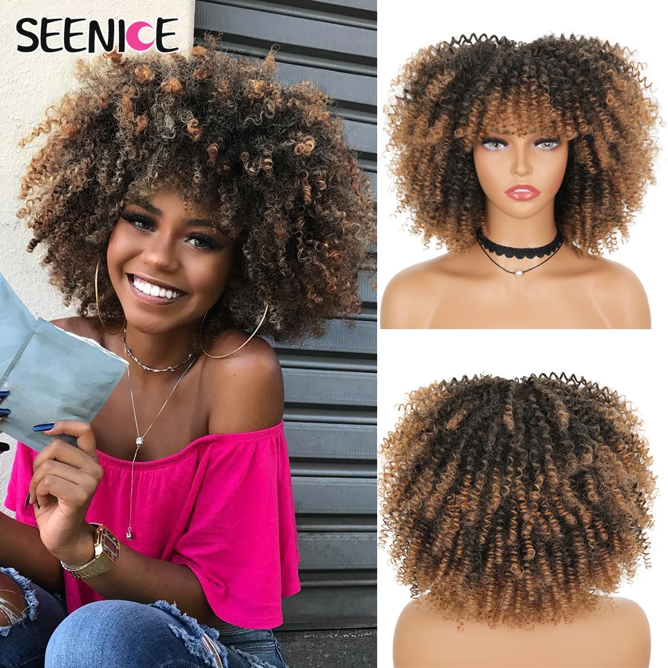Krátke vlasy afro výstredné kučeravé parochne s ranumi pre čierne ženy prírodné syntetické ombre blondínka hnedá cosplay parochne