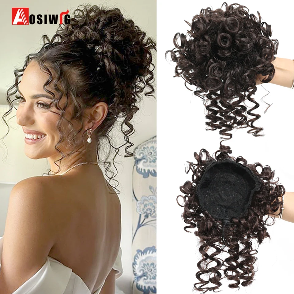 Krátky afro Puff výstredný kučeravé šnúrky na vlasy na vlasy Parochňový clip clip in Hair Bun chignon updo syntetické účesy pre ženy