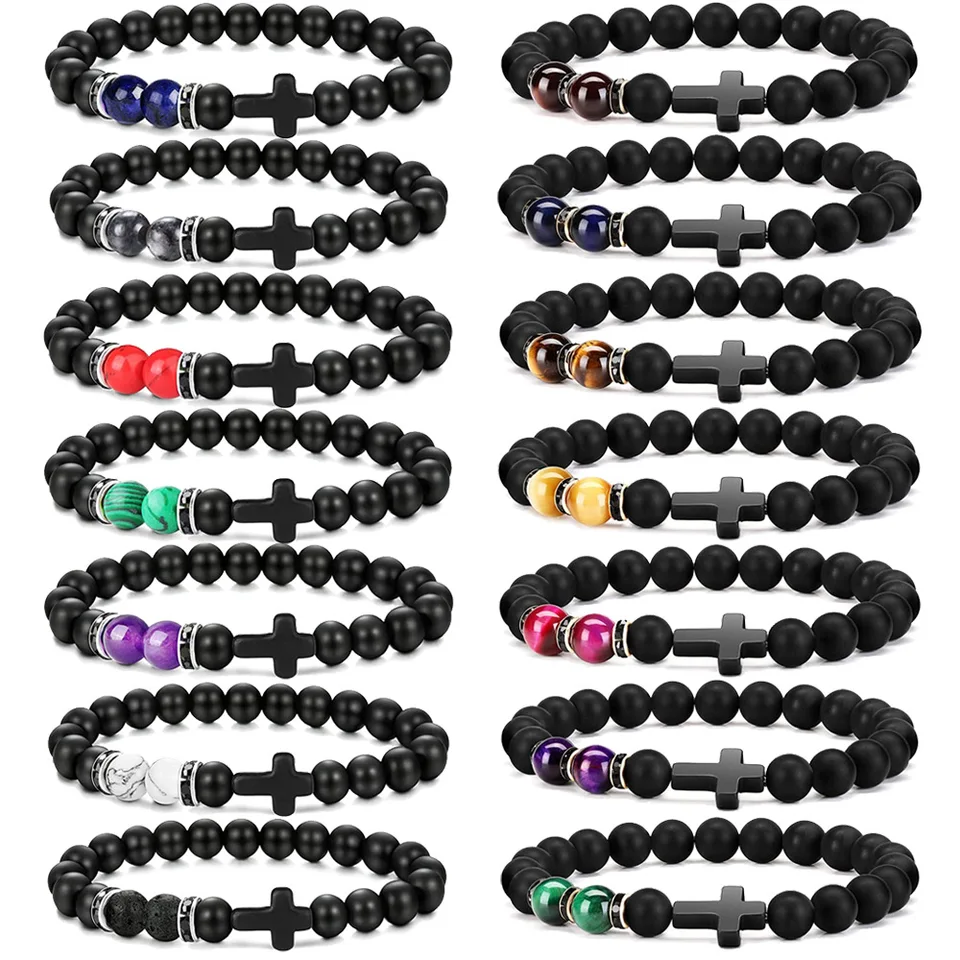 Krížové korálky náramok 8 mm polopriemerný drahokamový náramok set hojených kryštálových kamenných náramkov pre mužov
