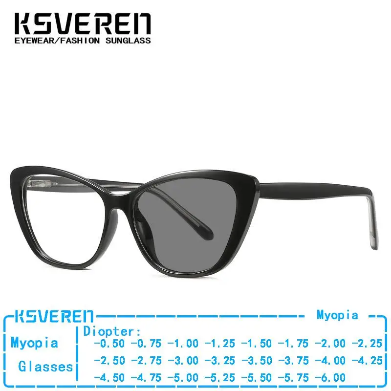 Ksveren Cat Eye Photochromické slnečné okuliare pre ženy Vysoko kvalitné Križované okuliare 0 -0,5 -1,75 -2,25 -4,75 -6.0