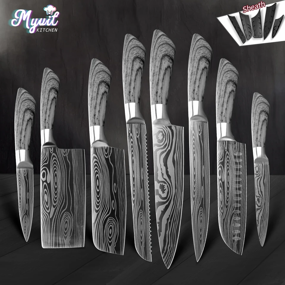 Kuchynské nože súprava 1-8ks Utility Santoku Japonský šéfkuchár nôž Cleaver Damascus kresba 7cr17 440c Kuchynské náradie z nehrdzavejúcej ocele