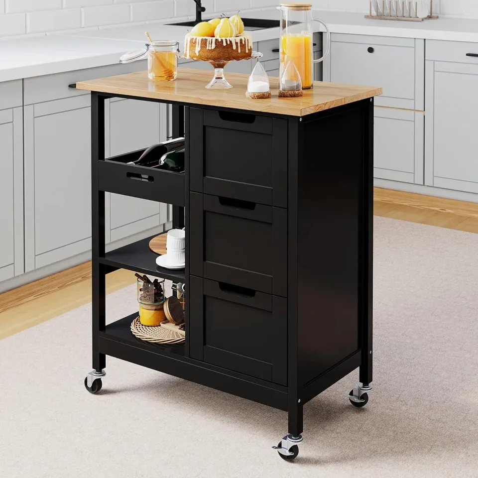 Kuchynský ostrov Cart.Kitchen Island s úložným priestorom, kuchynský vozík pre dom, rolujúci servírovací vozík na kolese s 3 zásuvkami