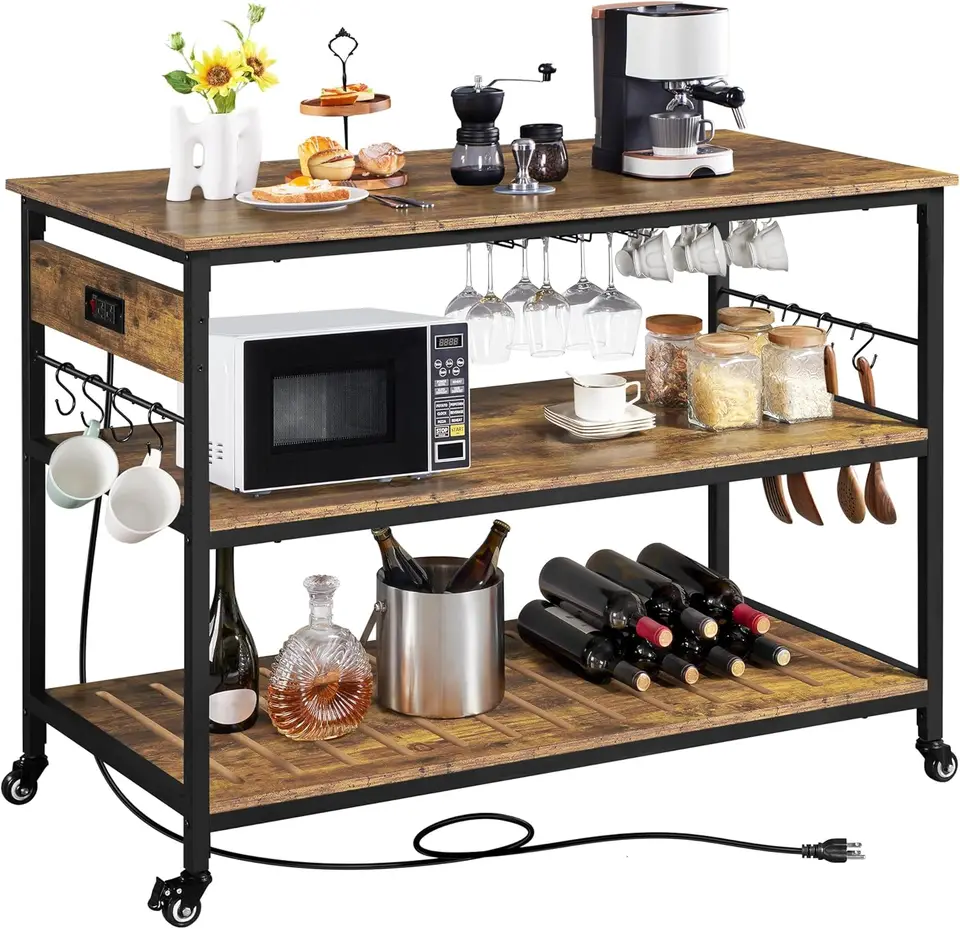 Kuchynský ostrov s zásuvkou na napájanie, valcujúci kuchynský vozík s držiteľom a držiak na vín