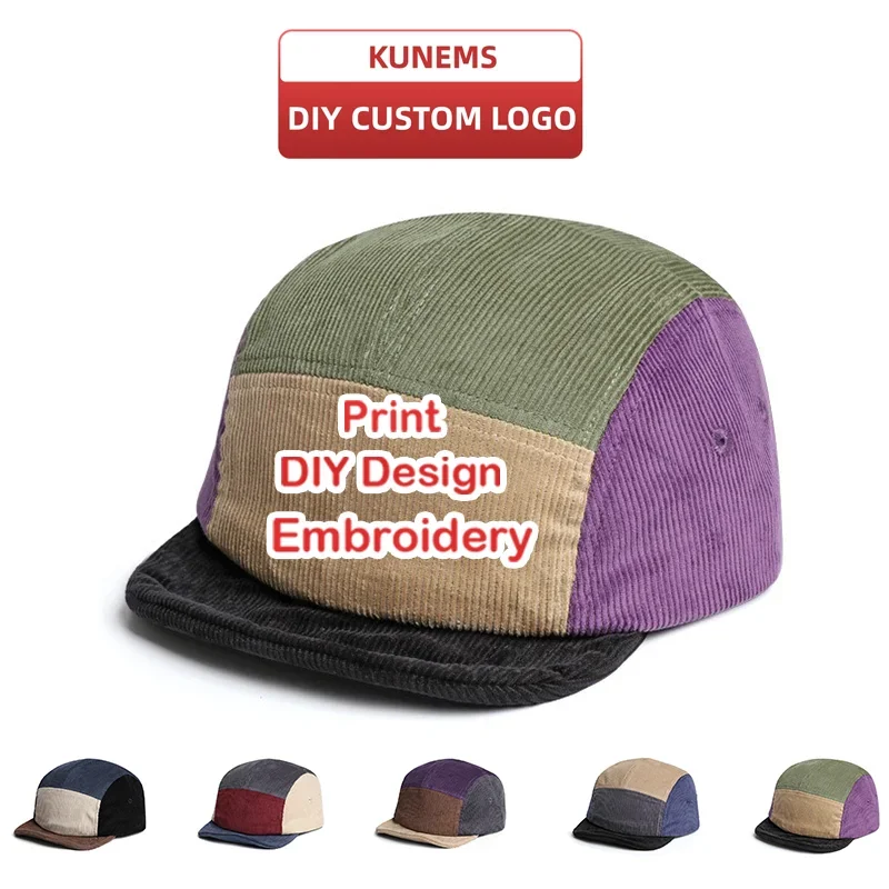 Kunems Custom vyšívanie retro corduroy krátky okraj klobúk Multicolor Patchwork 5-panel čiapka pre mužov a ženy baseballová čiapka