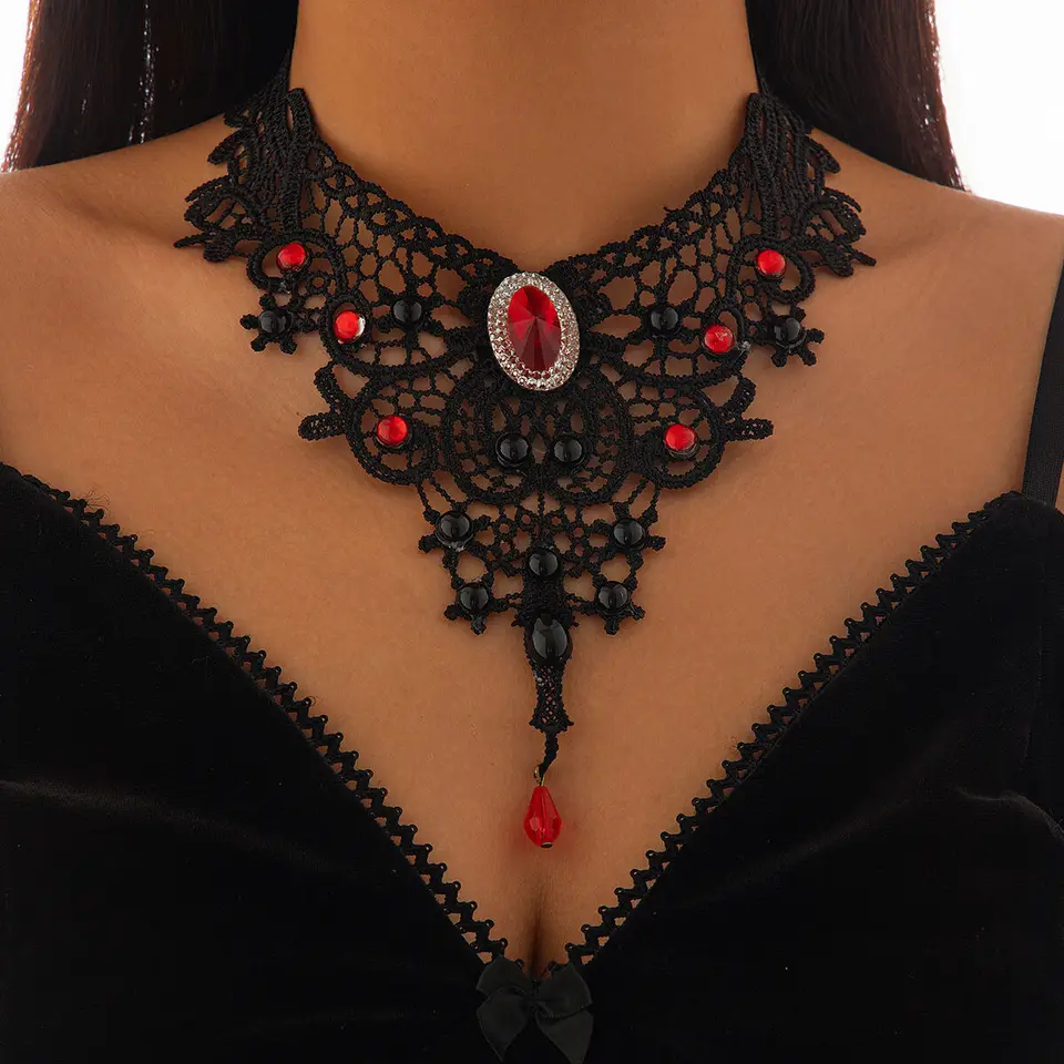 Kunjoe Gothic Hollow Out Black Lace Choker náhrdelník Ženy Vintage punk červená krv kvapka prívesok Náhrdelník Halloween krk reťaz nový