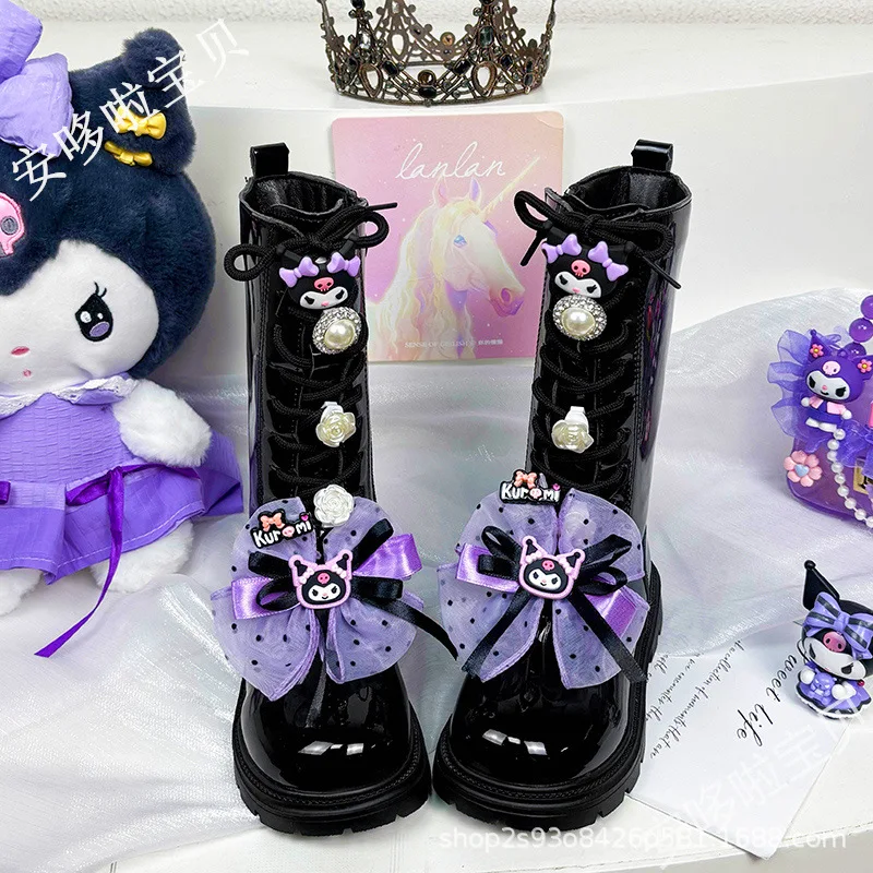 Kuromi Child Boots Girl Cotton Boots Sanrios anime zahusťuje figuantu jeseň Zimné topánky Krátke topánky dievča kawaii karikatúry kožené topánky