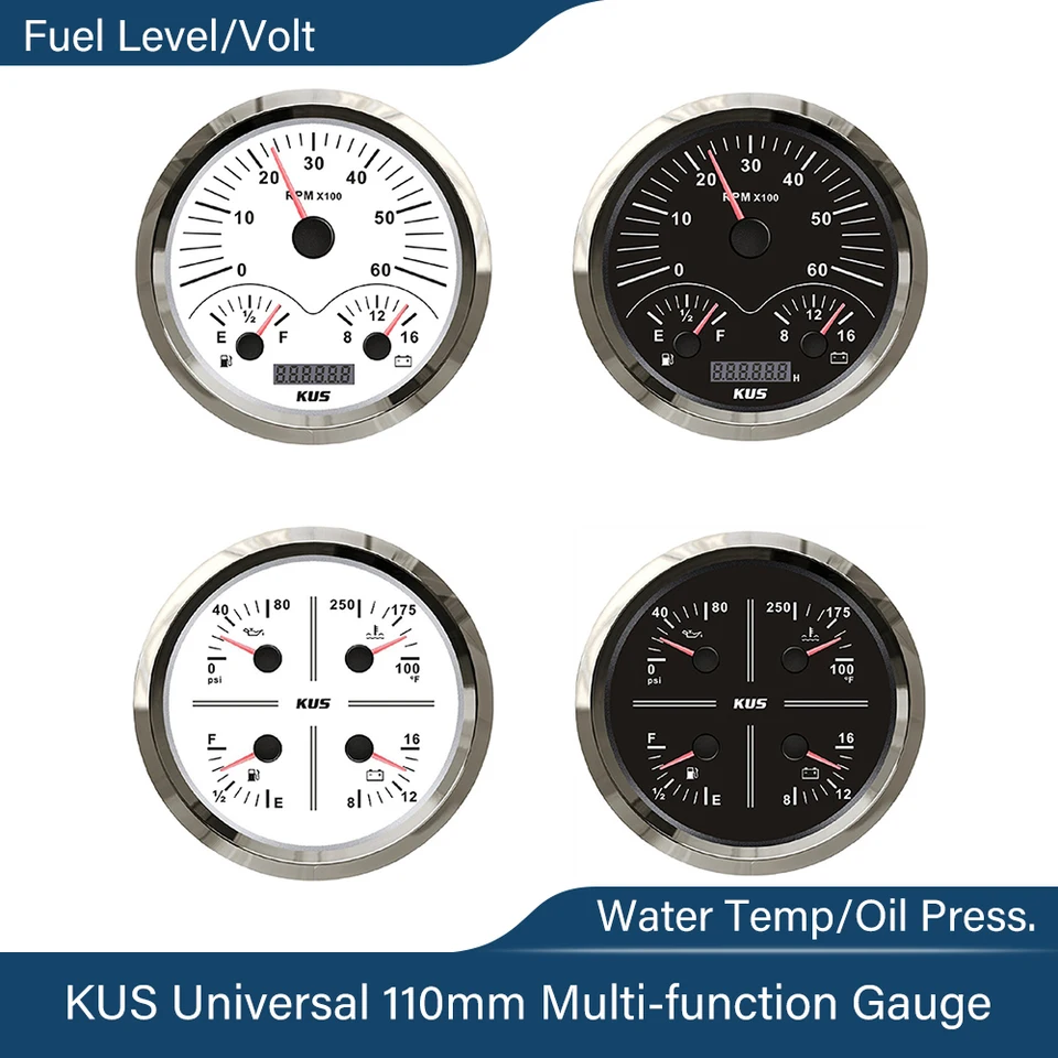 KUS nový 110 mm multifunkčný tachometer 3 v 1 metrov 4 v 1 TLAKOVÁ TLAKÁVNA TEPLIVÁ VODNOSŤ VODA VODA 12 V Voltmeter s podsvietením