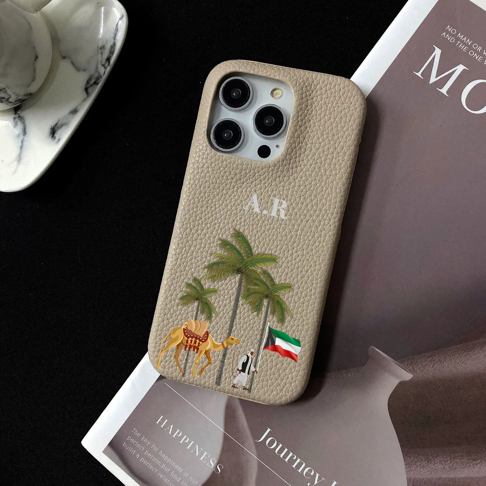 Kuvajt personalizovaný prispôsobený názov kožené puzdro pre iPhone 16 15 14 13 12 11 11 pro maximálne iniciály písmen