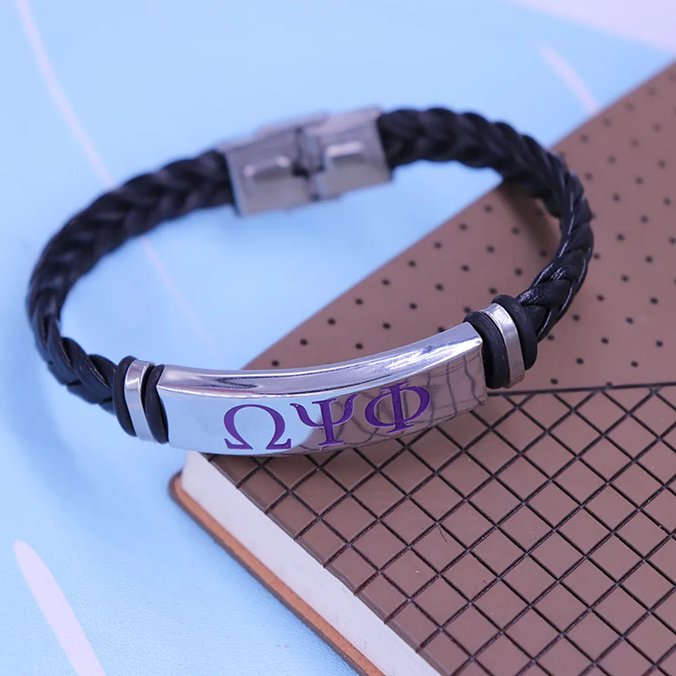 Kvalita čiernej kože z nehrdzavejúcej ocele vyryté grécke písmená PSI Phi Phi Bracelet náramkov