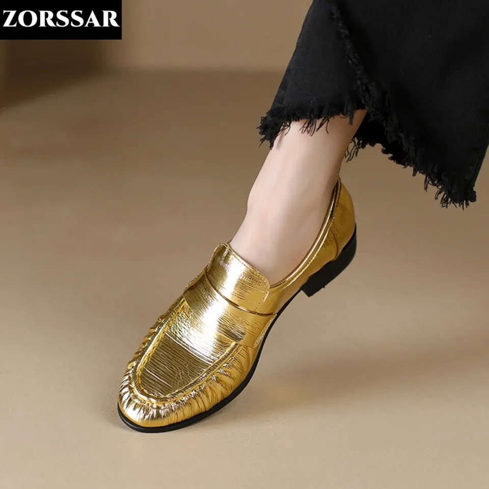 Kvalitné originálne kožené dámske dámske ploché loafer Gold Black Round Round Tow Slip-On Flats Žena 2024 Jarná jeseň Nové topánky Veľkosť 34-40