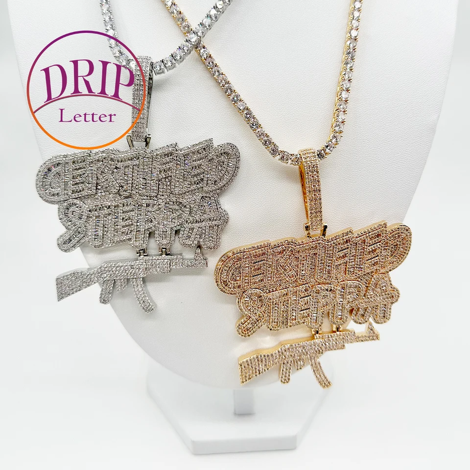 Kvapkajúci list certifikovaný náhrdelník so stepnou pištoľou pre mužov ľadový prívesok Real Gold -Glated Cubic zirkónia hip hop šperky