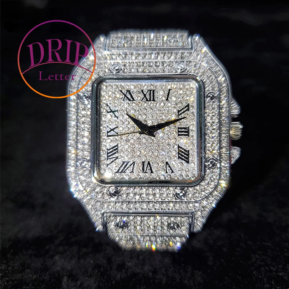 Kvapkanie Letter Out Relogio Droshippping Luxury Full Diamond Quartz Watches for Men Classic Stylish Trend 2023 Nepremokavé hodinky N