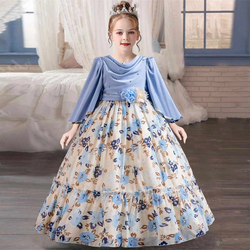 Kvetina novej kvetiny Pearl Princess Dress 4-12 rokov starý módny výtlačok dlhé šaty Karneval narodeninové oslavy Výkon