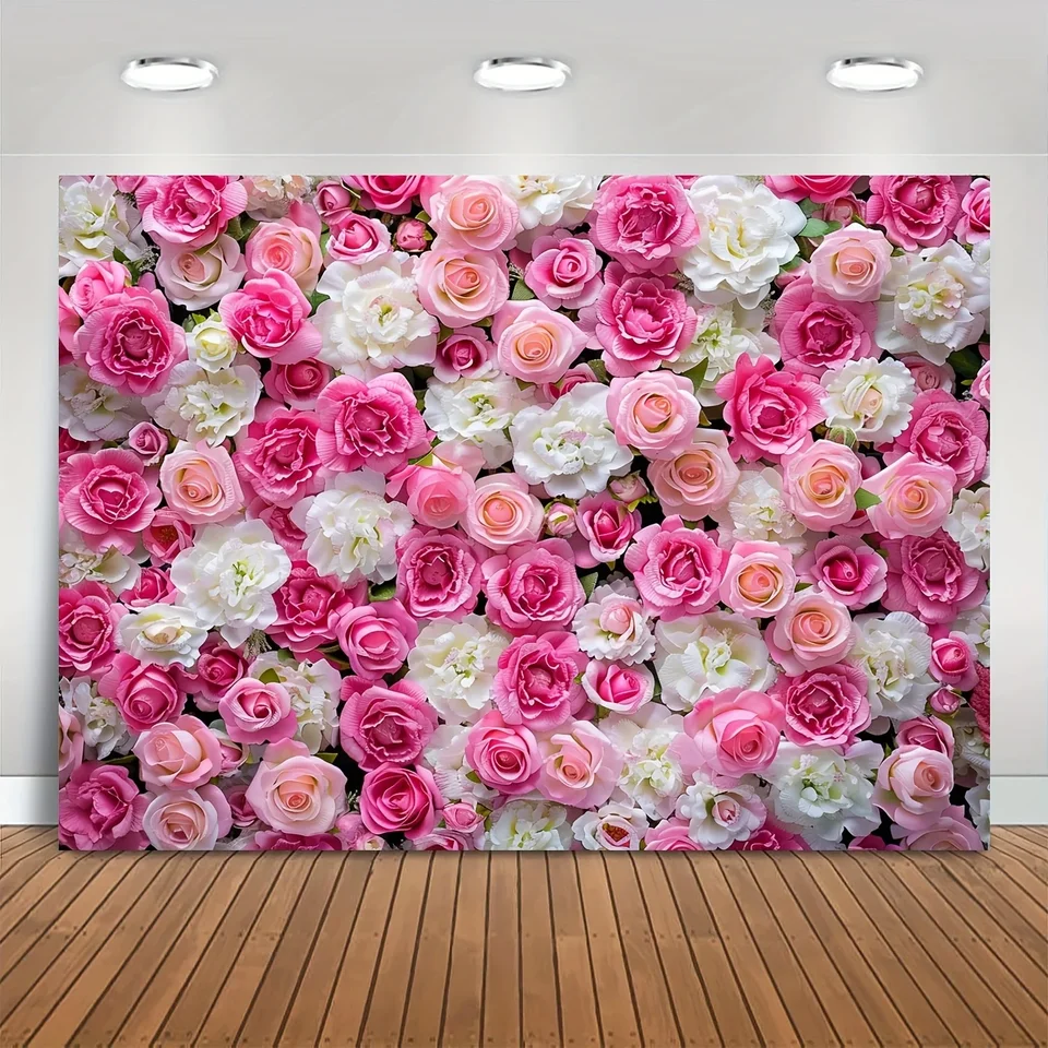Kvetinová stena Banner Polyester Photography Pink and White Rose Portrét na jar, vhodné pre svadby, svadobné večierky