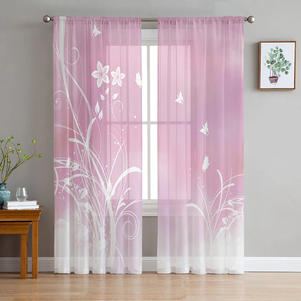 Kvetinové motýľ ružové číre záclony pre obývaciu izbu dekorácie okenné záclony pre kuchynské tyl voile organza záclony