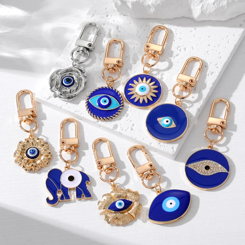 Kvetinové slonové modré zlé oči Keychain Keyring Ženy Zirkón Retro Round Animal Turkish Lucky Eye Eye Bag Car Airpods Box
