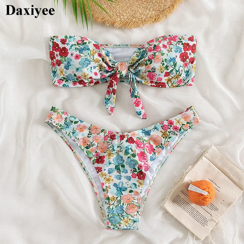 Kvetinové tlačené bandeau bikiny Vystúpili z ramena push up plaviek dámske rúrky top bikinis uzol plavky 2024 sexy letné plavky