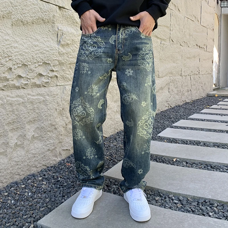 Kvetinové tlačené retro džínsy Pánske trendy značky High-end Washed Jacquard Loose Casual Rought Nohu nohavice