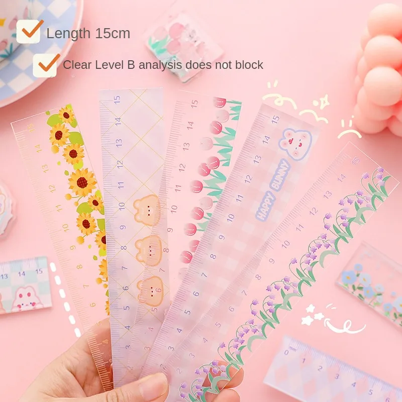 Kvetinové vládcovské školy Dodávky kawaii príslušenstvo 15 cm kreslenie nástroja späť do školy Transparentné regla roztomilé pravidlá škôl