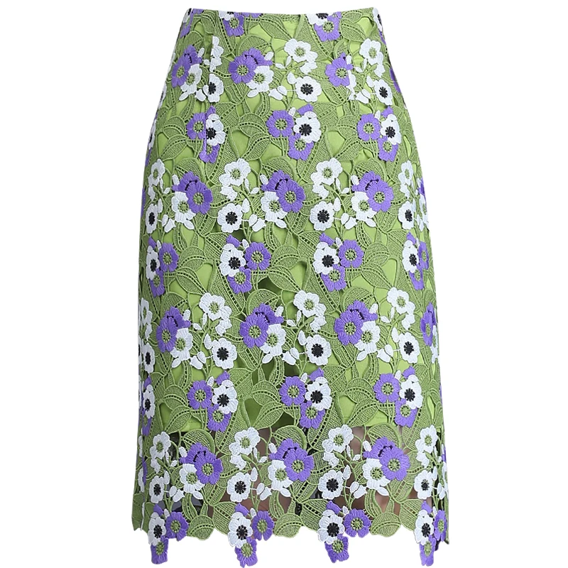 Kvetinové vyšívané čipky zelené sukne ceruzky Vysoko kvalitné dutiny kolena dĺžka sukne A-line sukňa vintage dám elegantné oblečenie