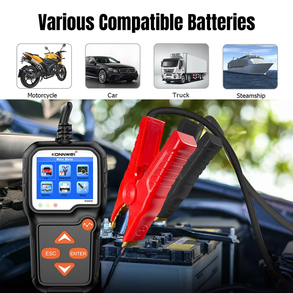 KW650 High Precision CAR Moto Battery Tester 6v až 12 V lítiový olovo-kyselina AGM Analyzer Analyzer Automatic Cranking Test Test Tools