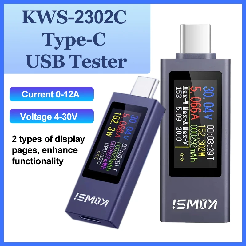 KWS-2302C Type-C USB Tester Multifunkčný digitálny displej napätia Prúdový meter nabíjanie Tester DC 4-30V 0-12A