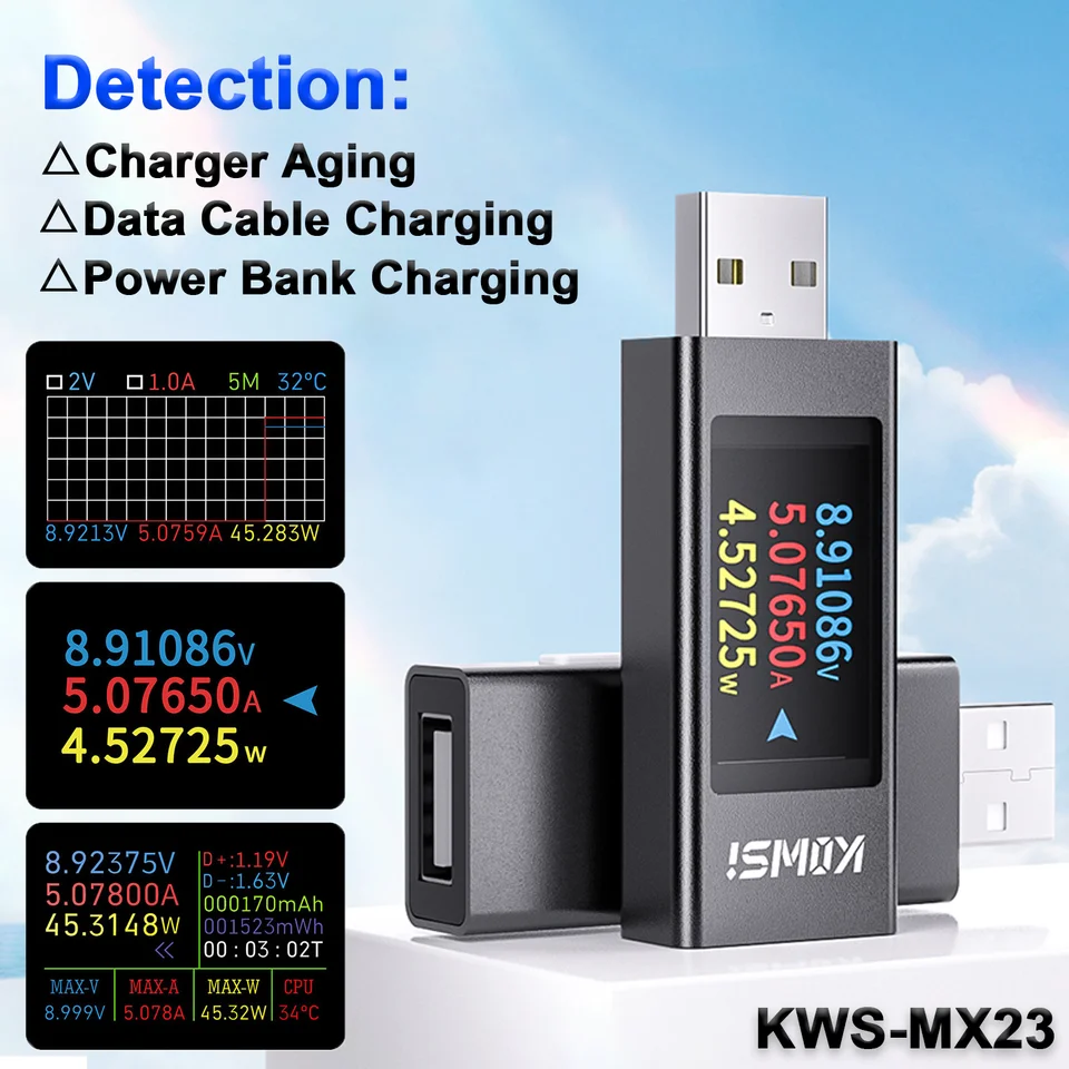 KWS-MX23 Digital USB testerový napätie Prúdový meter 4-30V 0-6.5A Kapacita Temp Ammeter Voltmeter Detector nabíjačky s LCD displejom