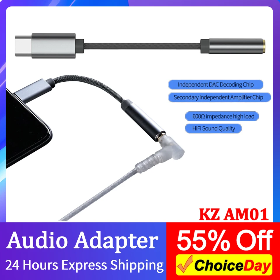 KZ AM01 TYP-C až 3,5 mm adaptér pre slúchadlá 32bit/384 kHz Hi-Fi DAC + IC zosilňovač duálny čip slúchadlá Audio adaptér kábel