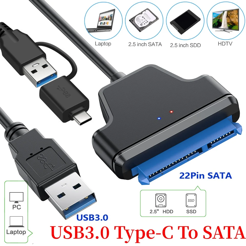 Kábel SATA na USB 3.0 Typ C do 6 Gbps pre 2,5 palca externý HDD SSD pevný disk SATA 3 22 PIN adaptér USB 3.0 do SATA III kábel
