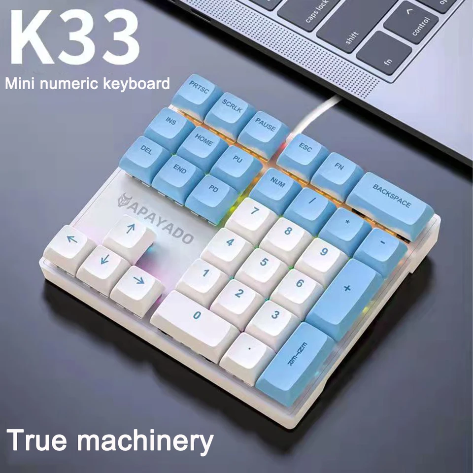 Káblové mechanické 33-kľúčové číselnú klávesnicu s viacfarebnými svetlami a zeleným hriadeľom vhodné pre príslušenstvo pre prenosný počítač klávesnice