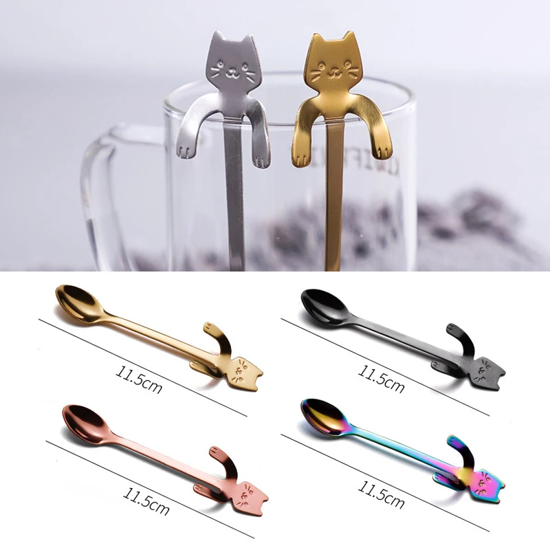 Kávová lyžica Mini 304 z nehrdzavejúcej ocele Karikatúra Cat Lyžica Long Rukoväť prípojok na pitie kávy Nástroje kuchyne Gadget