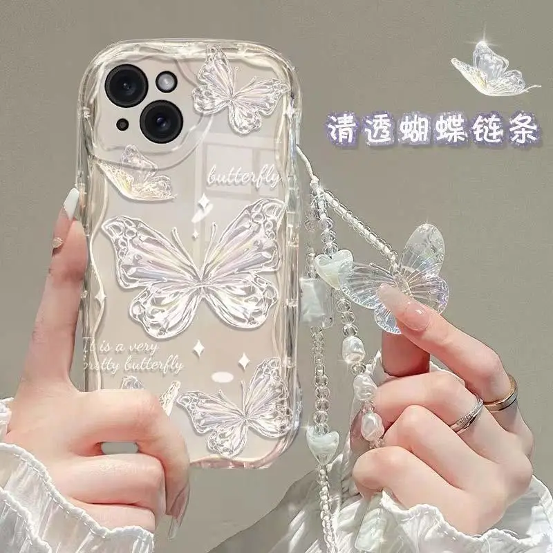 Kórea Butterfly Phone Chain Case pre Samsung Galaxy S22 S24 S23 Ultra S21 Plus S20 Fe A55 5G A54 A34 A52 A53 A35 A35 A14 A23 A24 A24 A32