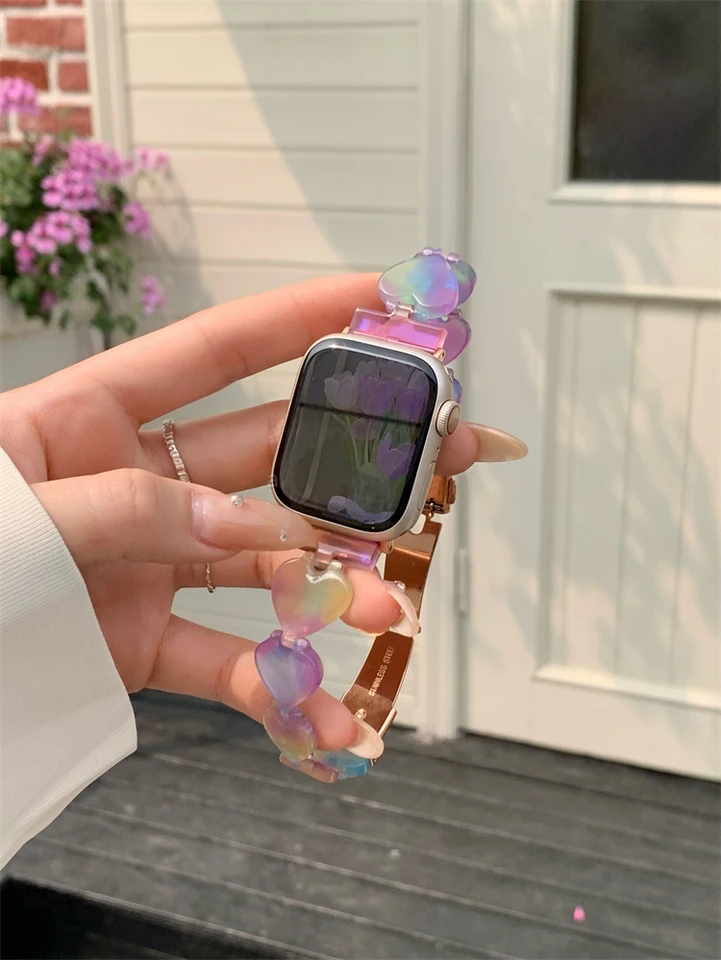 Kórea Love Heart Resin Strap For Apple Watch Band 41 mm 40 mm 38 mm 44 45 42 49 Náramok hodiniek pre IWatch Series 8 7 3 4 5 6 SE