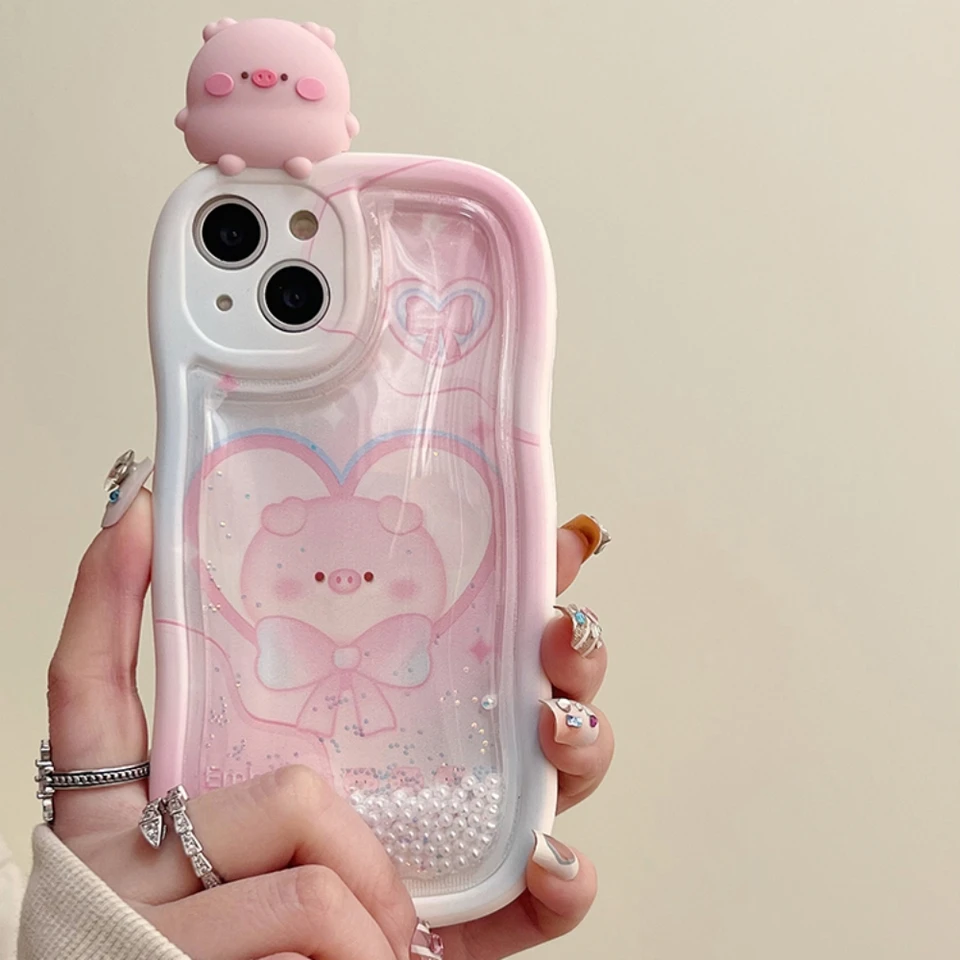 Kórea roztomilá 3D bábika Bowknot Love Heart Pink Pig Glitter Perl Quicksand Silikone Case pre iPhone 12 13 14 15Pro Max Cartoon Cover