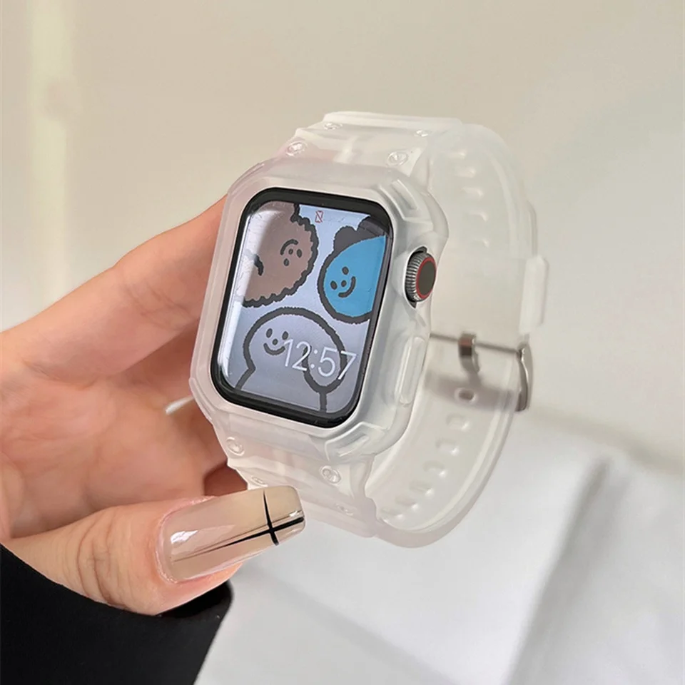 Kórea Sport Clear Band + puzdro pre Apple Watch 8 7 6 SE 5 4 3 Módne remienok na TPU pre IWatch Band 40 mm 45 mm 38 mm 44 mm 44 mm 42 mm