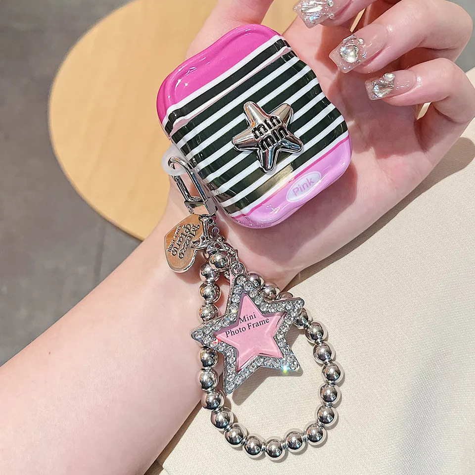 Kórea Stripe 3D Star puzdro pre Apple AirPods Air Mods Pro 2 1 3 3 vlnové slúchadlá kryt s elektroplatovými diamantovými hviezdami náramok