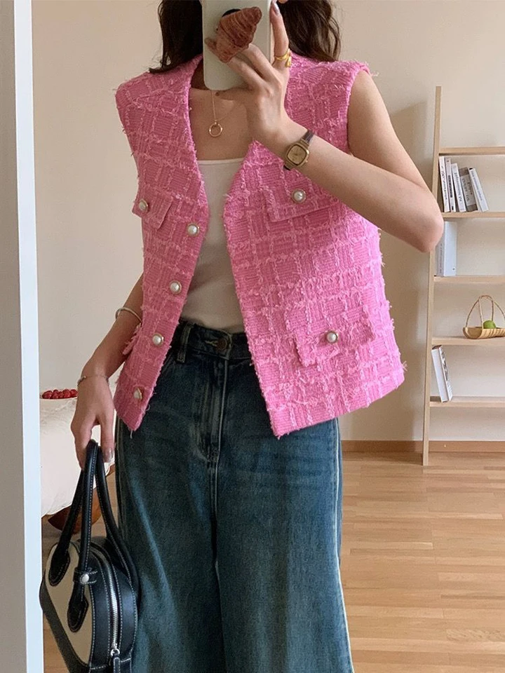 Kórejská móda Tweed vesta pre ženy Jarná jeseň