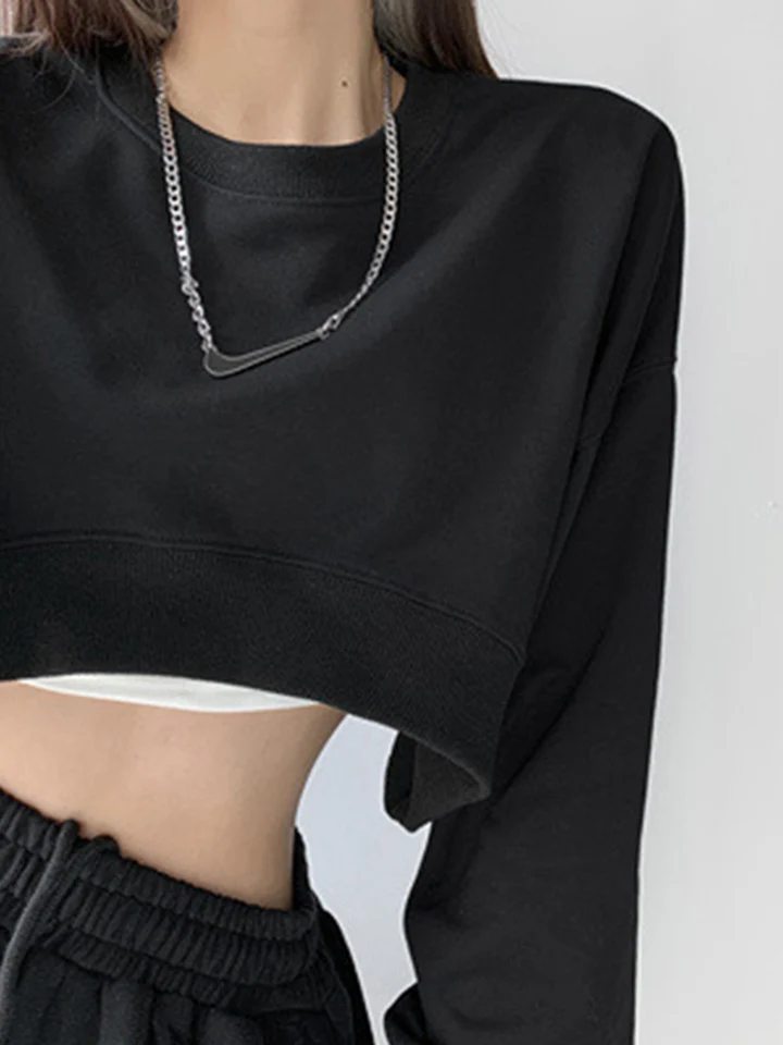 Kórejská móda Y2K Tričko Žena Solidy Sexy Loose Crop Top Women O-Neck dlhý rukáv Y2K Vintage Street Wear