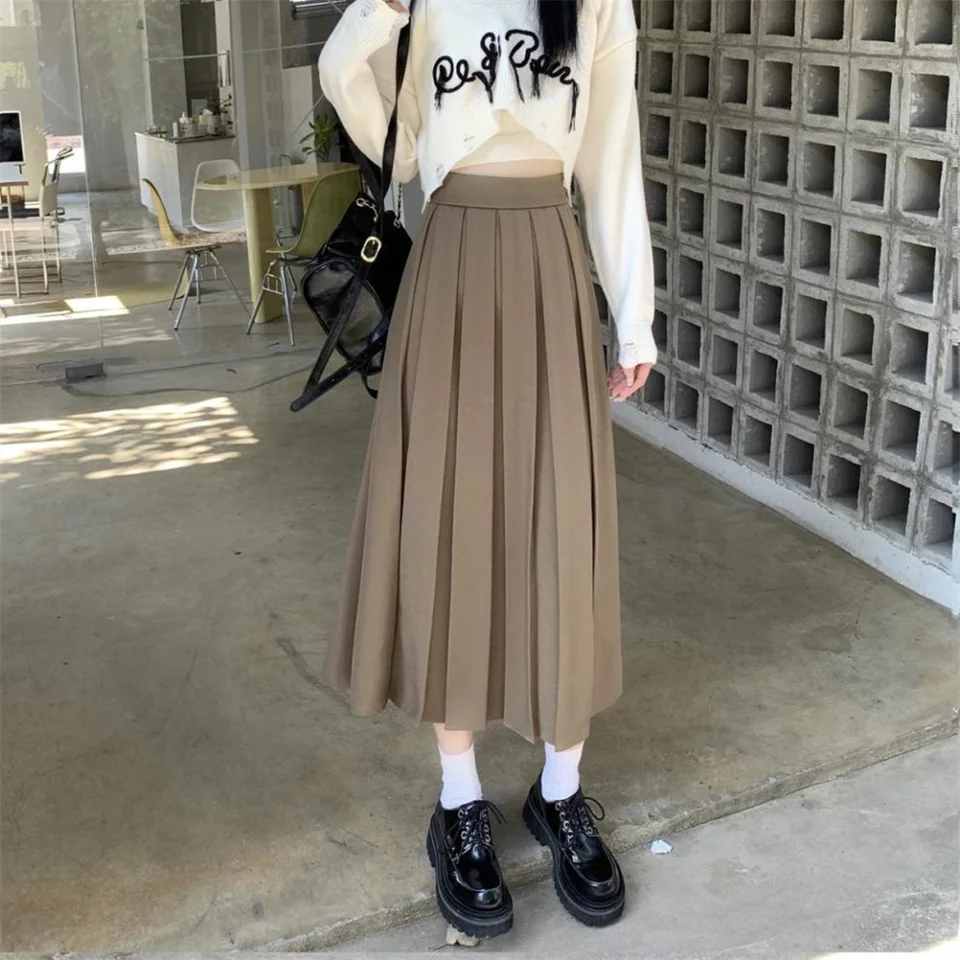 Kórejská módna skladaná sukňa Ženy 2024 Elastic s vysokým pásom dlhé sukne Žena Preppy Style A Line School Sukňa Nové oblečenie Nové oblečenie