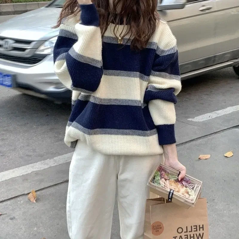 Kórejská verzia Loose Spell Color Striped Wereer Sweár, Nová jesenná a zimná lenivá retro pletená sveter hrubá
