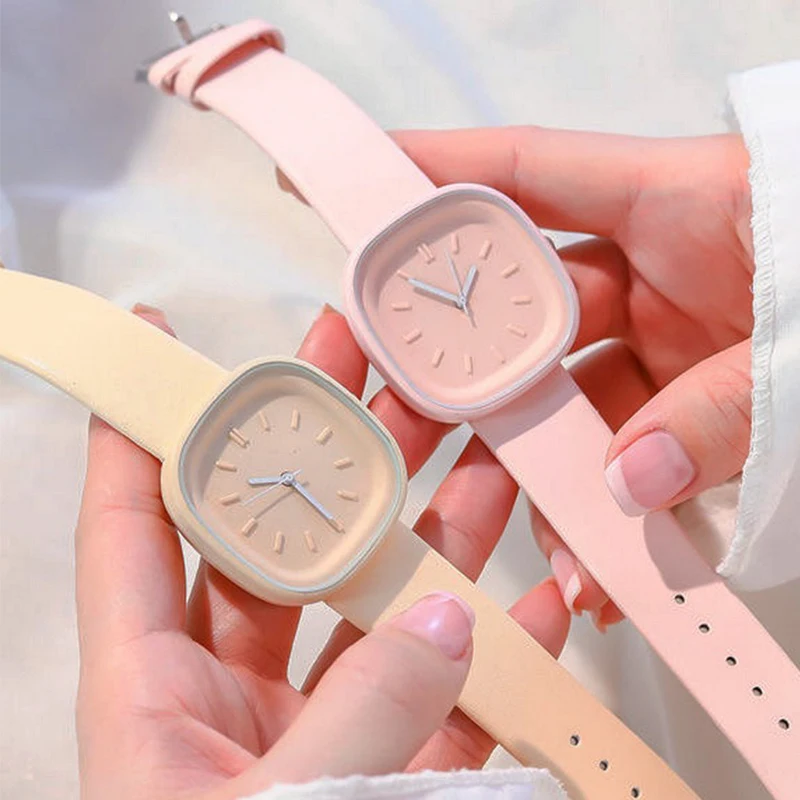 Kórejské dámske kremenné hodinky Značka Sport Square Fashion Dámy Pu Kožené popruhy Dievčatá Solid Luxury Simple Restarewatch Clock