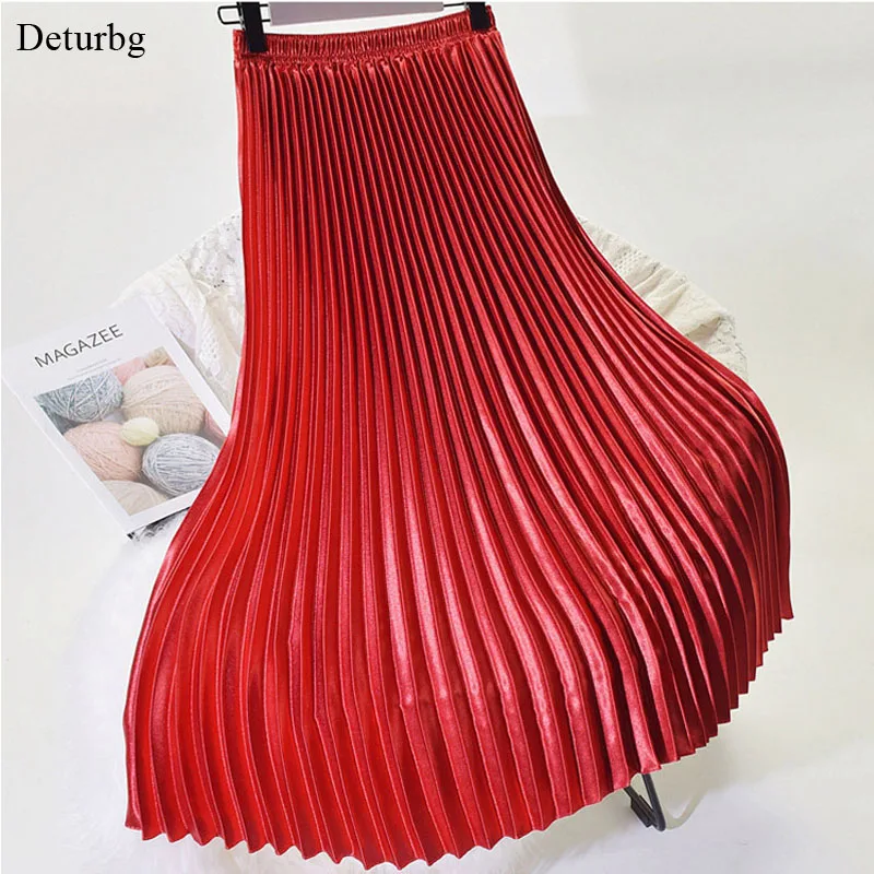 Kórejské dámske módne skladané saténové dlhé sukne Ženské elegantné streetwear Elastic High Pase Red Sukne Saia 2024 Jeseň Winter SK245