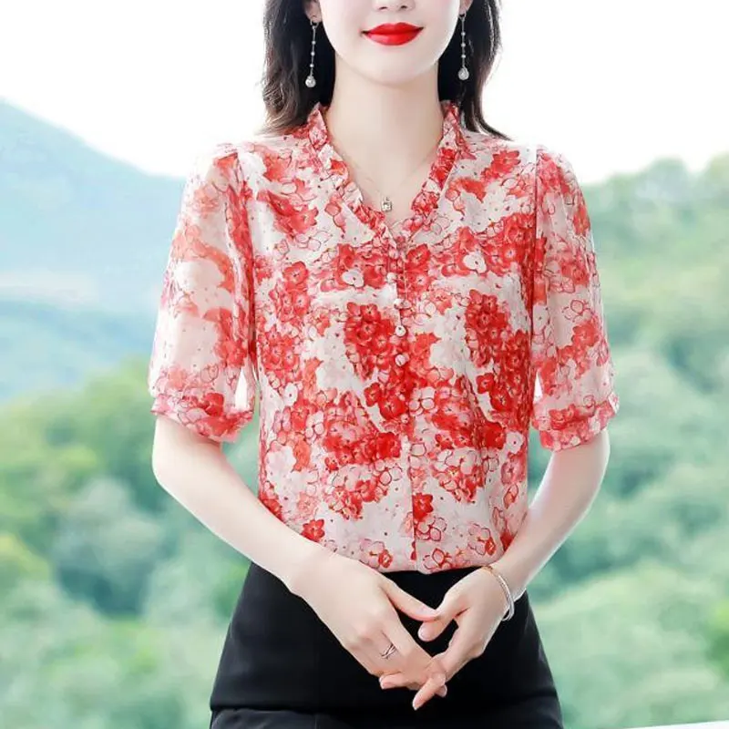 Kórejské kvetinové krátke rukávy Tops letné elegantné pulVery dámske oblečenie dámy Temperament tlač Undround Trend Tričká